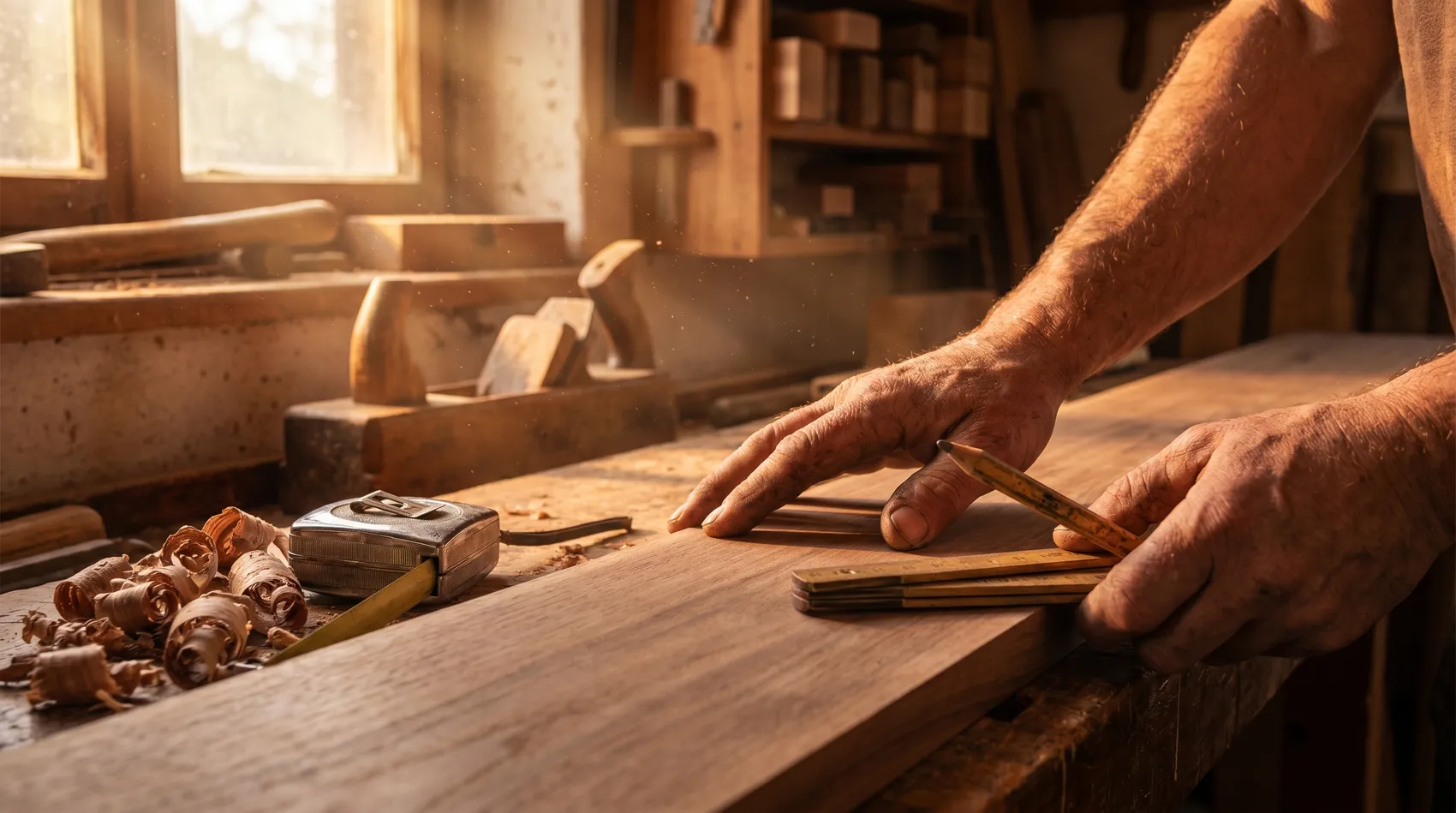 Handwerker mit Zollstock und Bleistift an einer frisch gehobelten Eichenbohle in der Werkstatt